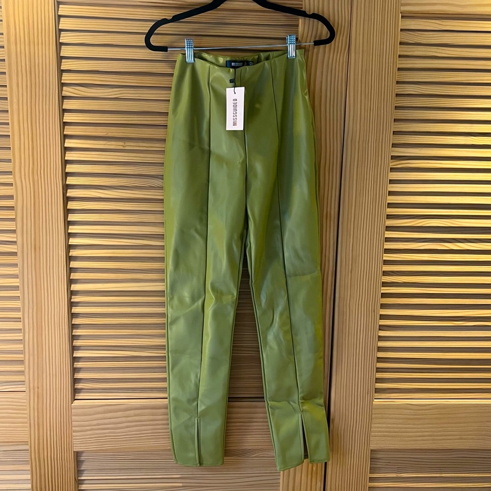 Bright Olive 🫒 Faux Leather, Straight Leg Pants